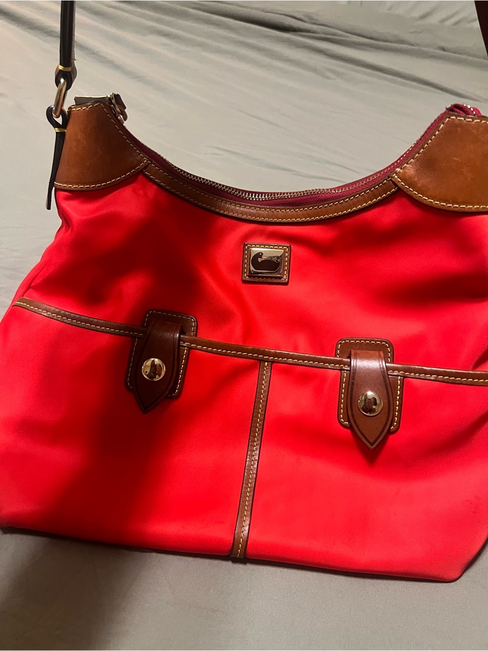 Dooney & Bourke Red Shoulder Bag with Brown Trim